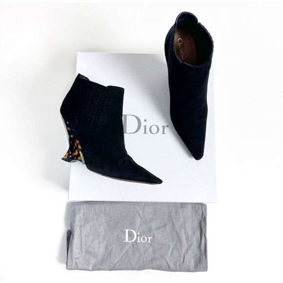 DIOR Optic-D Black Tortoiseshell Heel Ankle Boot Size 37.5 Pointed Toe Leather - Picture 5 of 16